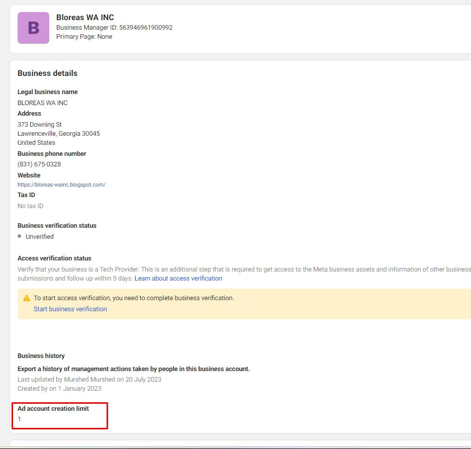 Unverified Business Manager bm1